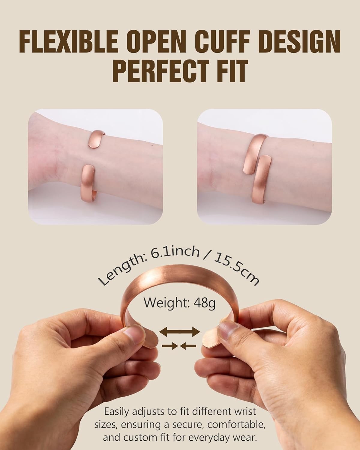 99.99% Solid Pure Copper Bracelet Men Women Adjustable Antique Finish Oxidized