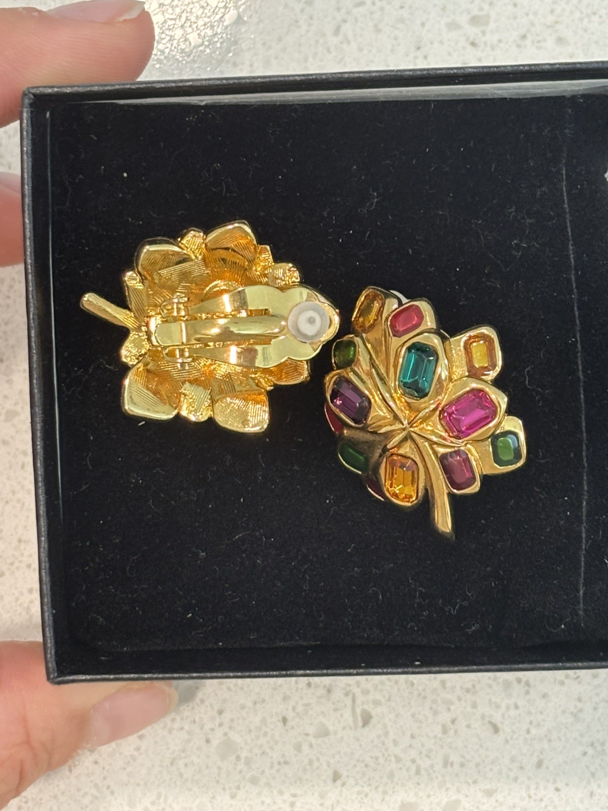 joan rivers crystal mapleleaf clip on multicolored earring
