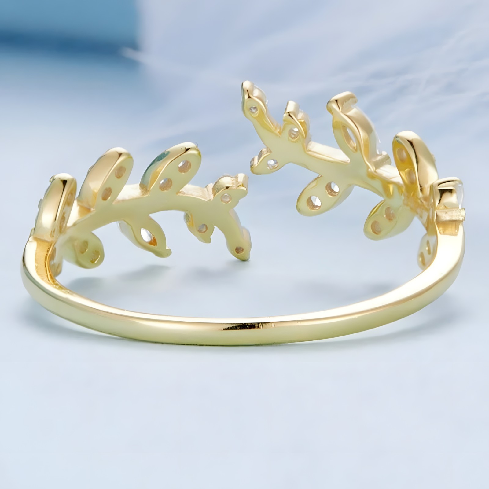 Sterling Silver Leaf Ring(Adjustable)Open Leaf Branch Ring with Cubic Zircon 392