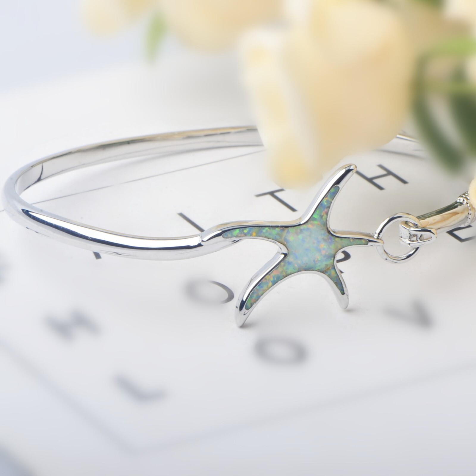 Hawaii White Opal Starfish Cuff Bangles 925 Sterling Sliver Jewelry For Women