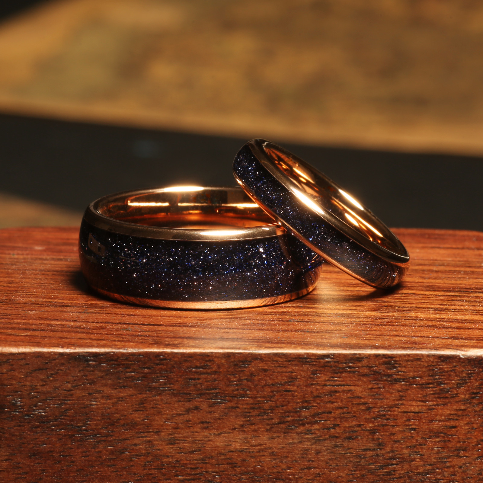 Sandstone Nebula Galaxy Ring Set, Rose 8mm & 4mm Gold Wedding Band, Comfort Fit