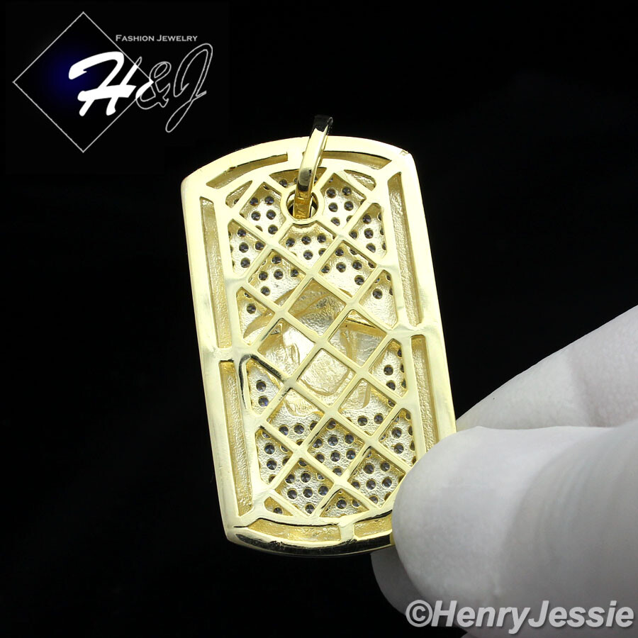 925 STERLING SILVER ICY BLING CUBIC ZIRCONIA GOLD PLATED 3D DOG TAG PENDANT*G113