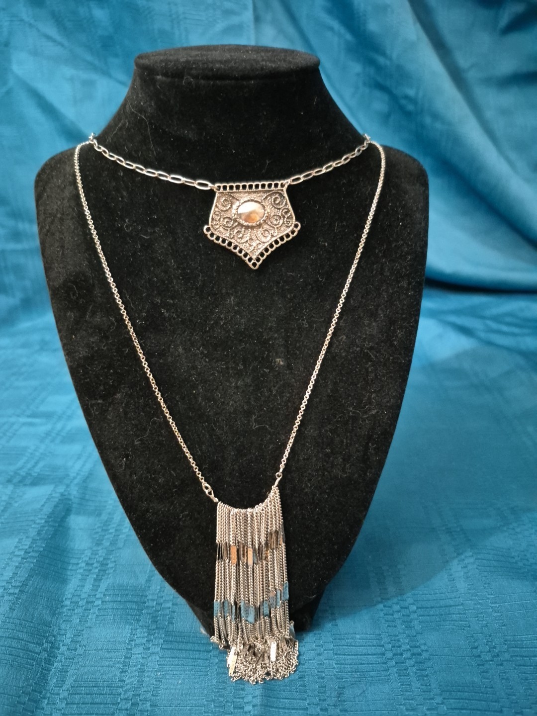 Free People Western Bohemian Passenger Chain Fringe Layered Necklace Silver Tone
