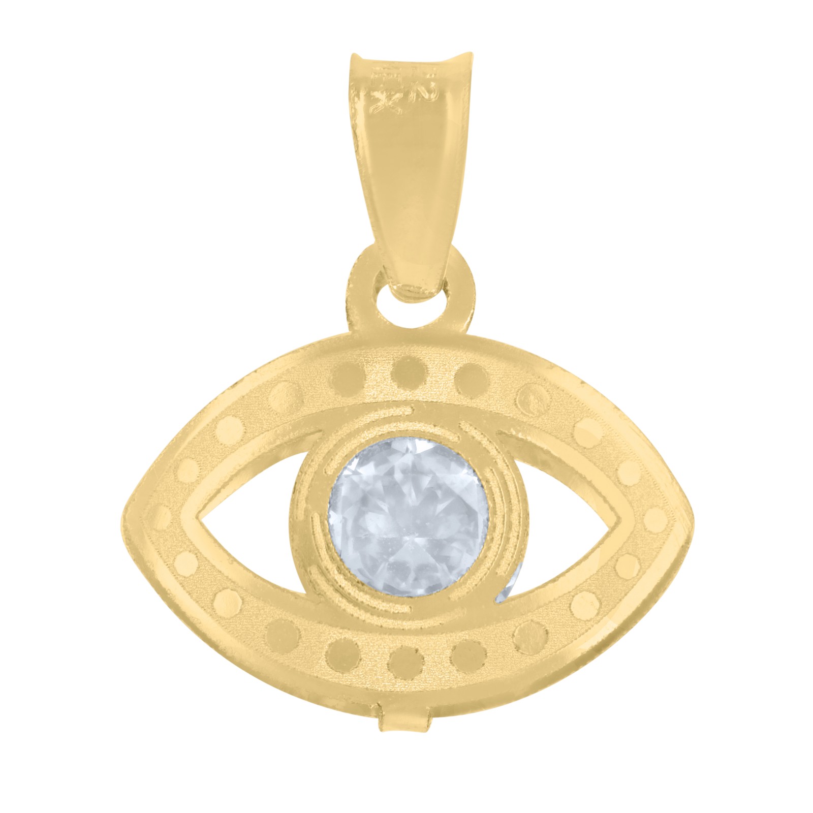 14K Yellow Gold Round Solitaire CZ Unisex 0.65″ Good Luck Charm Evil Eye Pendant