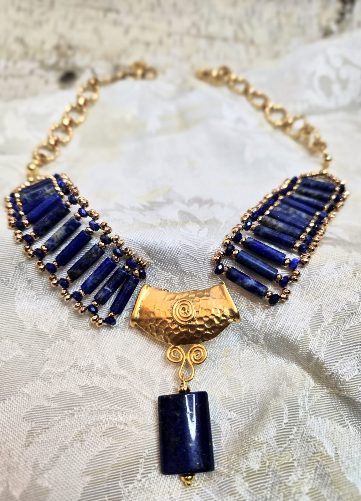 Natural Lapis Lazuli In Ancient Egyptian Inspired Handwoven Necklace -Stunning!