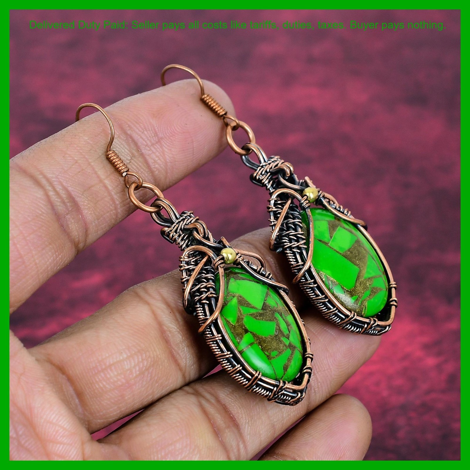 Copper Green Turquoise Gemstone Dangle Drop Wedding Wire Wrapped Earrings Copper