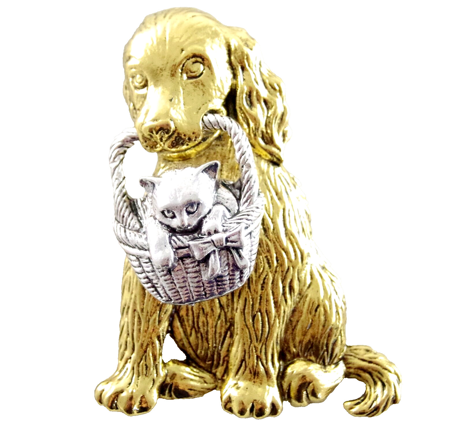 Articulated! 2 3/8″ NWOT VTG-INSPIRED DOG w/ KITTEN/ CAT IN BASKET DANGLE BROOCH