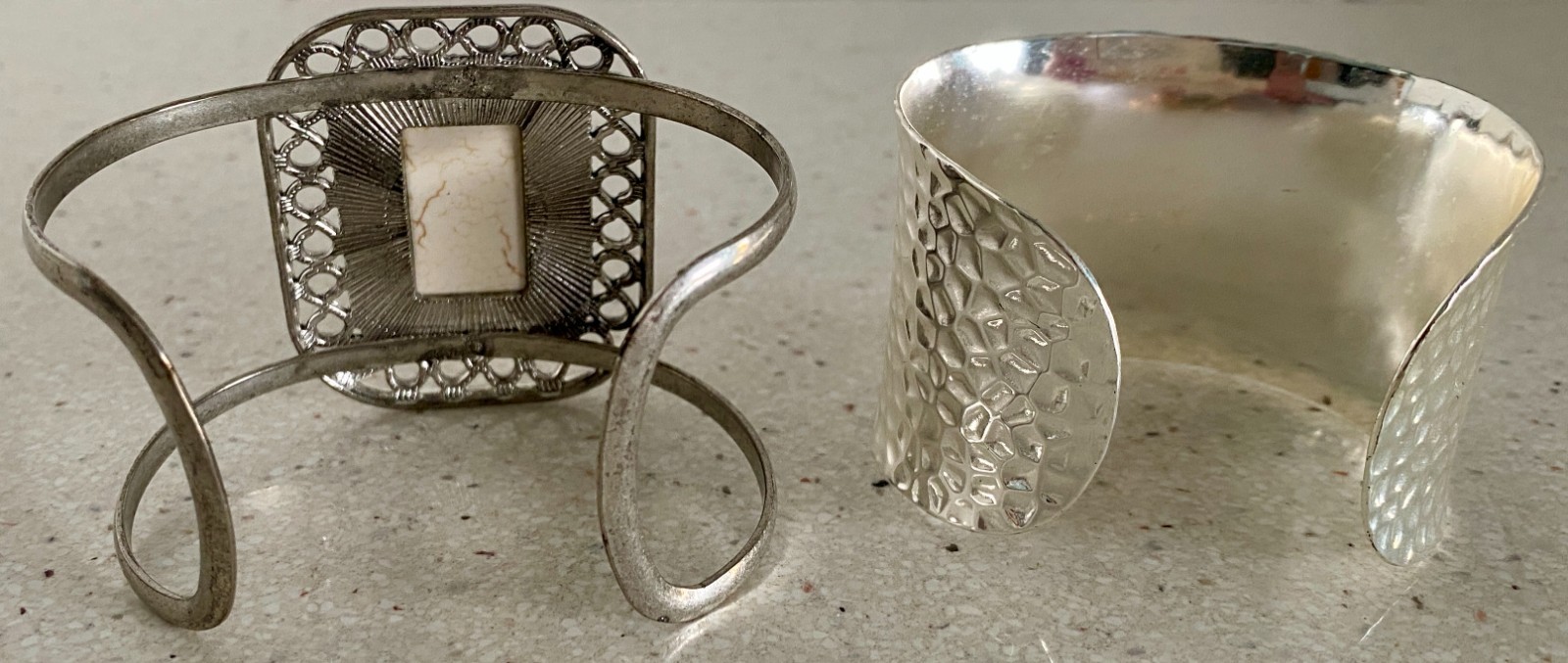 Lot of 2 Cuff Bracelet Faux White Stone Hammered Silver Tone ATI BR CN