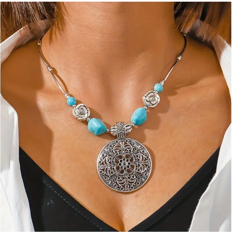 Vintage Style Boho 925 Silver Plated Turquoise Carved Alloy Medallion Pendant