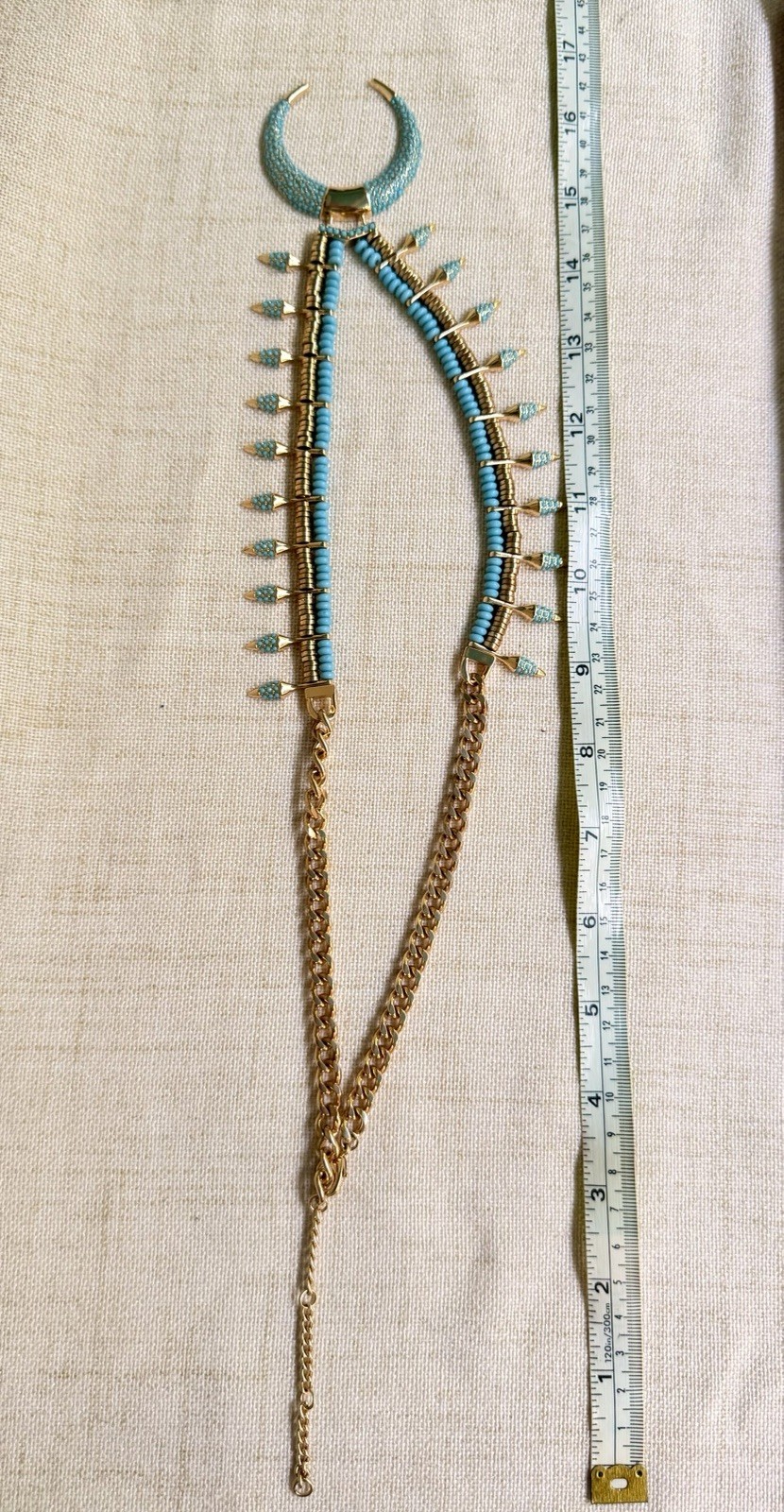 Modern Atterri Turquoise Beaded Crescent Horn Necklace Gold Tone Boho