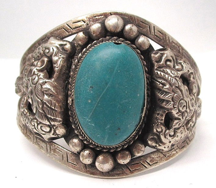 Chinese Paktong Dragon Cuff Bracelet Turquoise Probably Not Treated