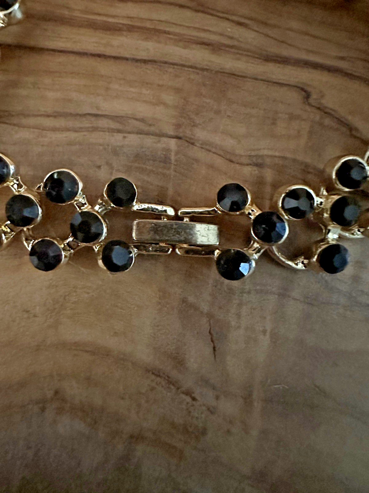 Gold Tone 3 Row Black Faceted Tennis Bracelet 7.5” Push Lock