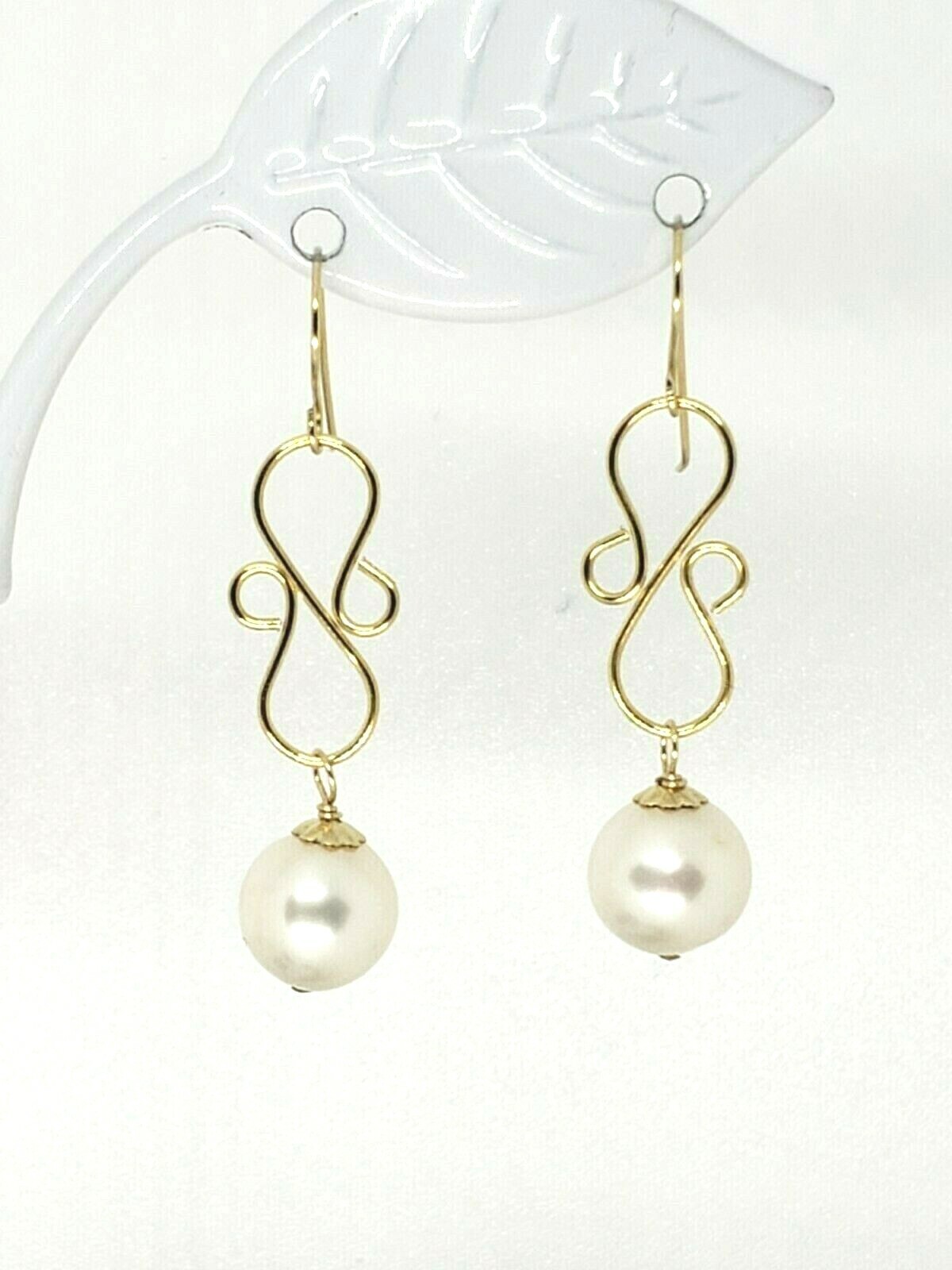 14k Yellow Gold White Freshwater Pearl Wire Knot Drop Dangle Earrings