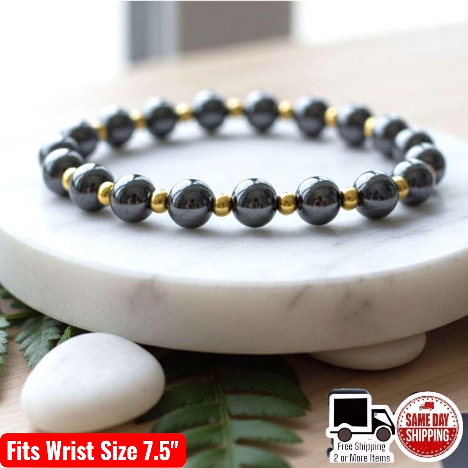 Hematite / Gold Plated Beads Design 8mm Beaded Bracelet Wrist Sz 7.5
