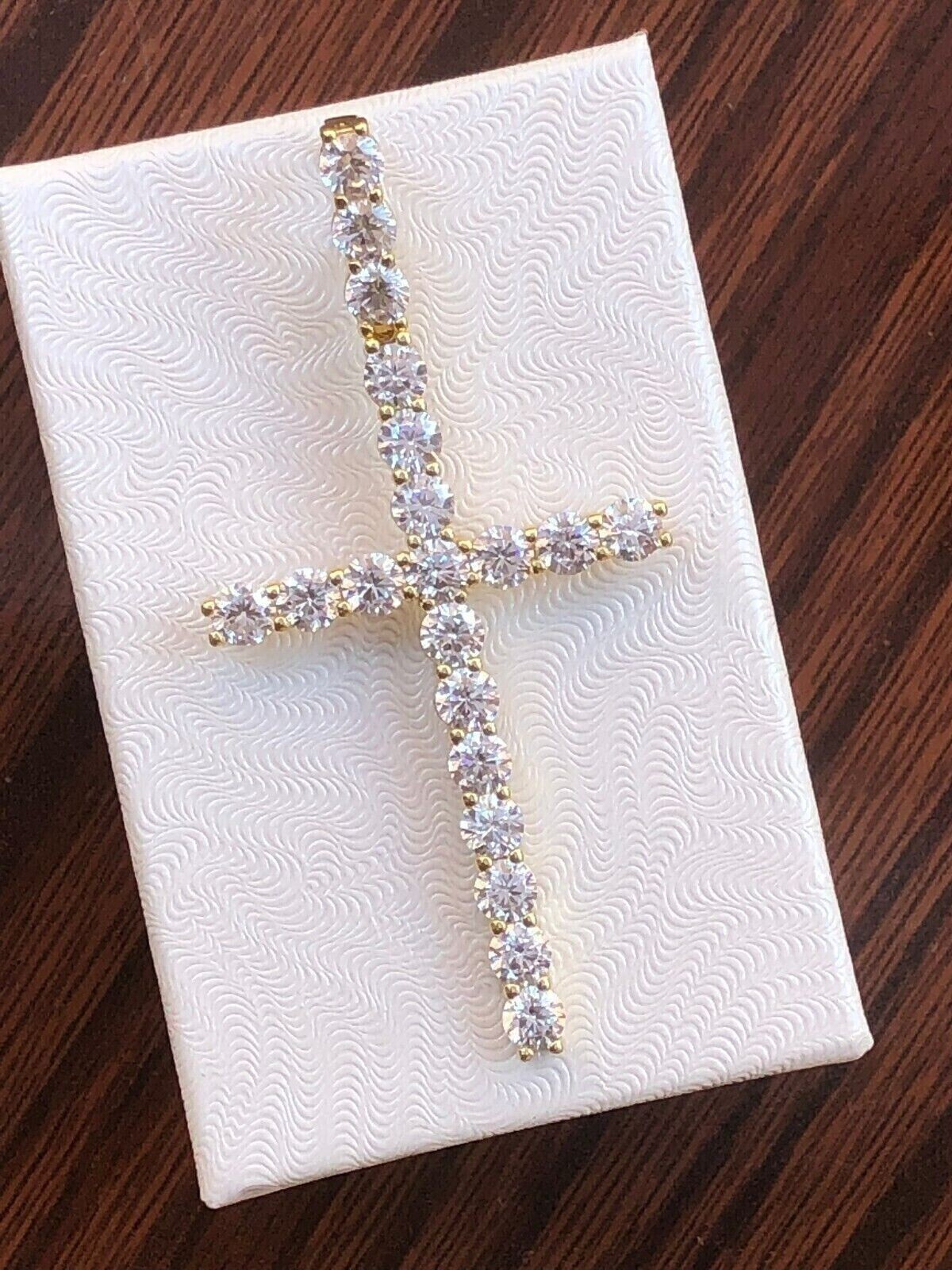 Men 925 Sterling Silver CZ Long Tennis Cross Pendant Gold Cross 1.77″/2.36″