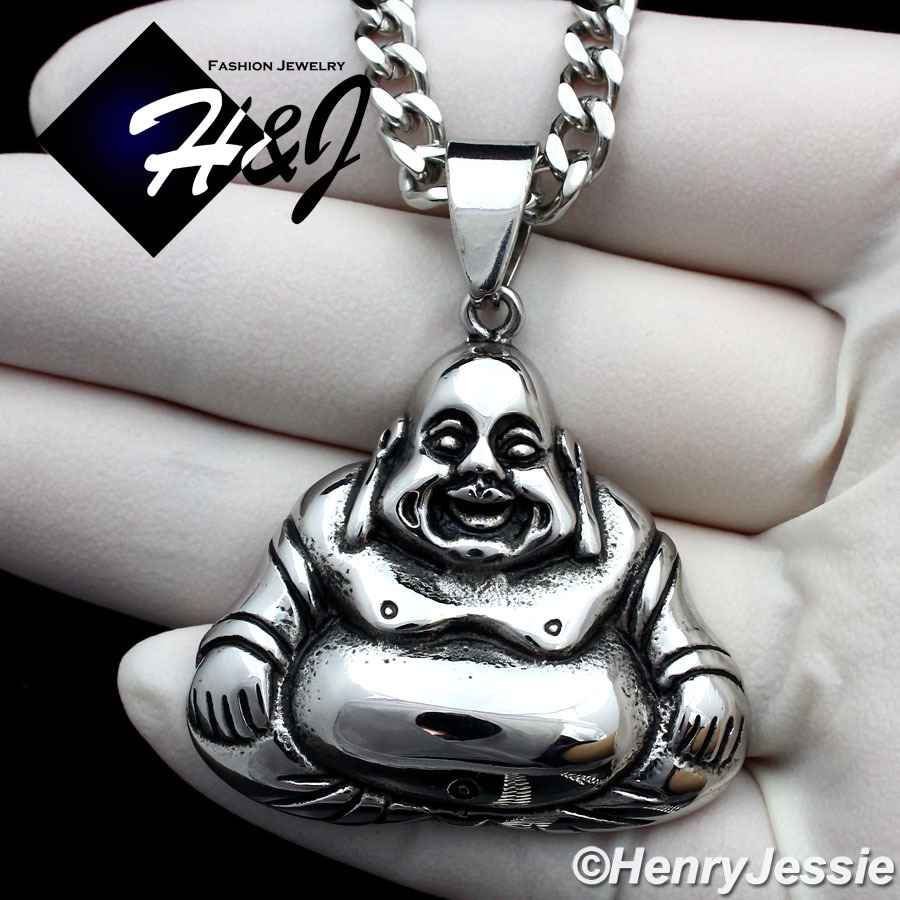 18-36″Stainless Steel 5mm Cuban Chain Silver/Black Plated Buddha Pendant*P96