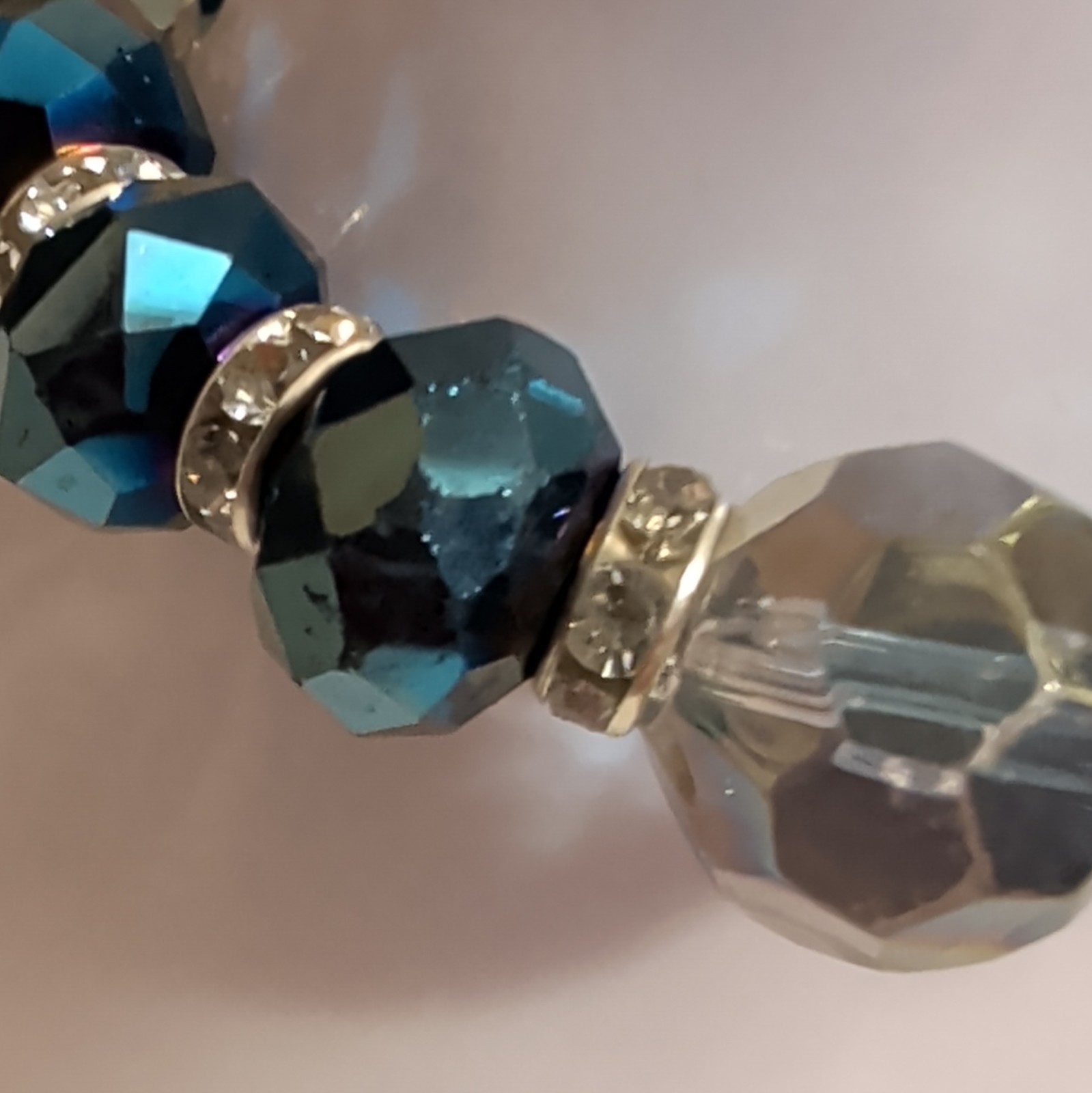 Blue & Clear Round Crystal Beaded Stretch Bracelet w/ Rhinestone Spacers