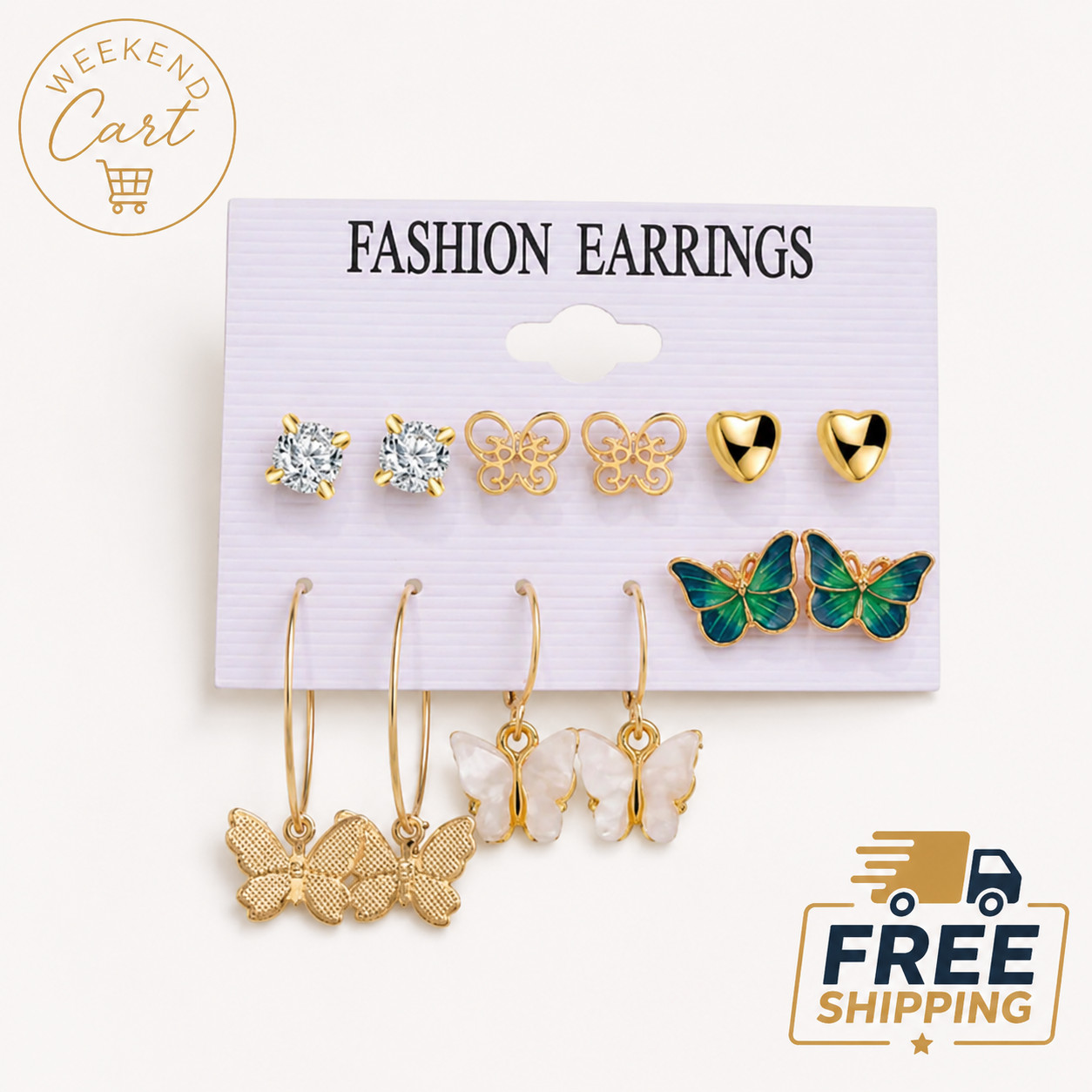 6 Pairs Women’s Gold Tone Butterfly Heart Hoop Stud Earrings Set Rhinestone