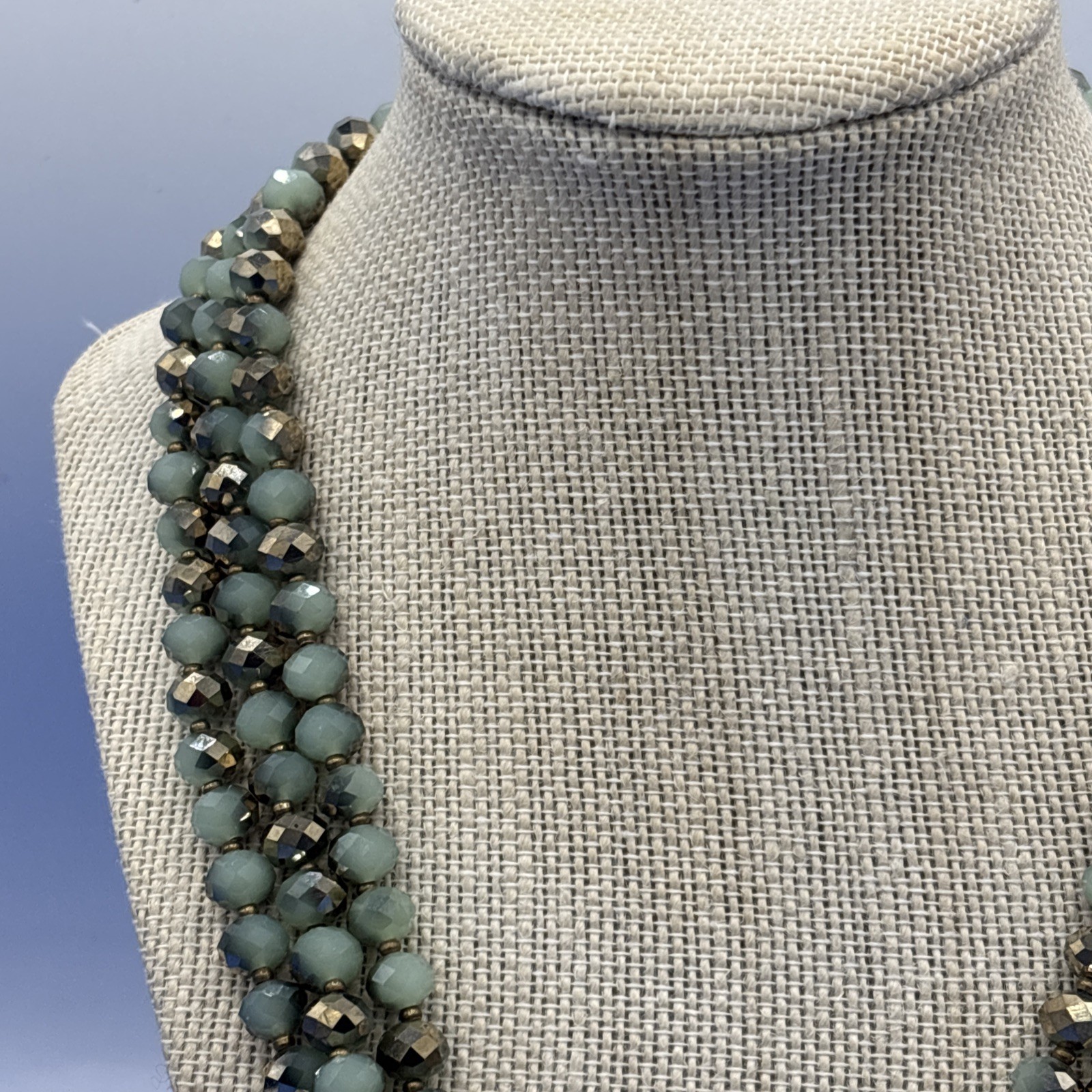 60” Faceted Glass Bead Necklace Metallic Gold Sage Green Long Wrap