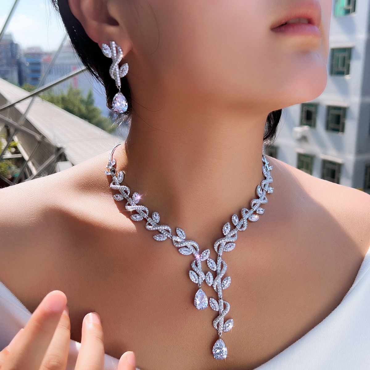 Shiny Silver Plated Leaf Drop CZ Necklace Earrings Jewelry Set for Women Costume