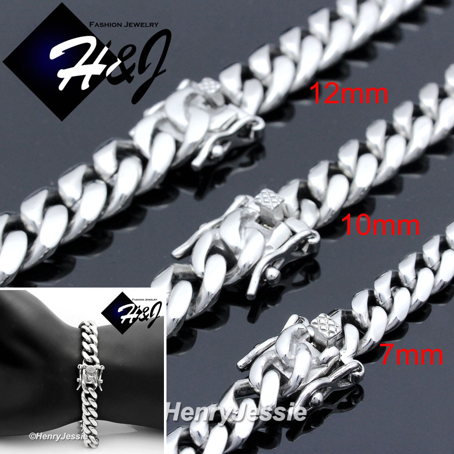 7.5-11″MEN Stainless Steel 7/10/12/14mm Silver Miami Cuban Curb Chain Bracelet
