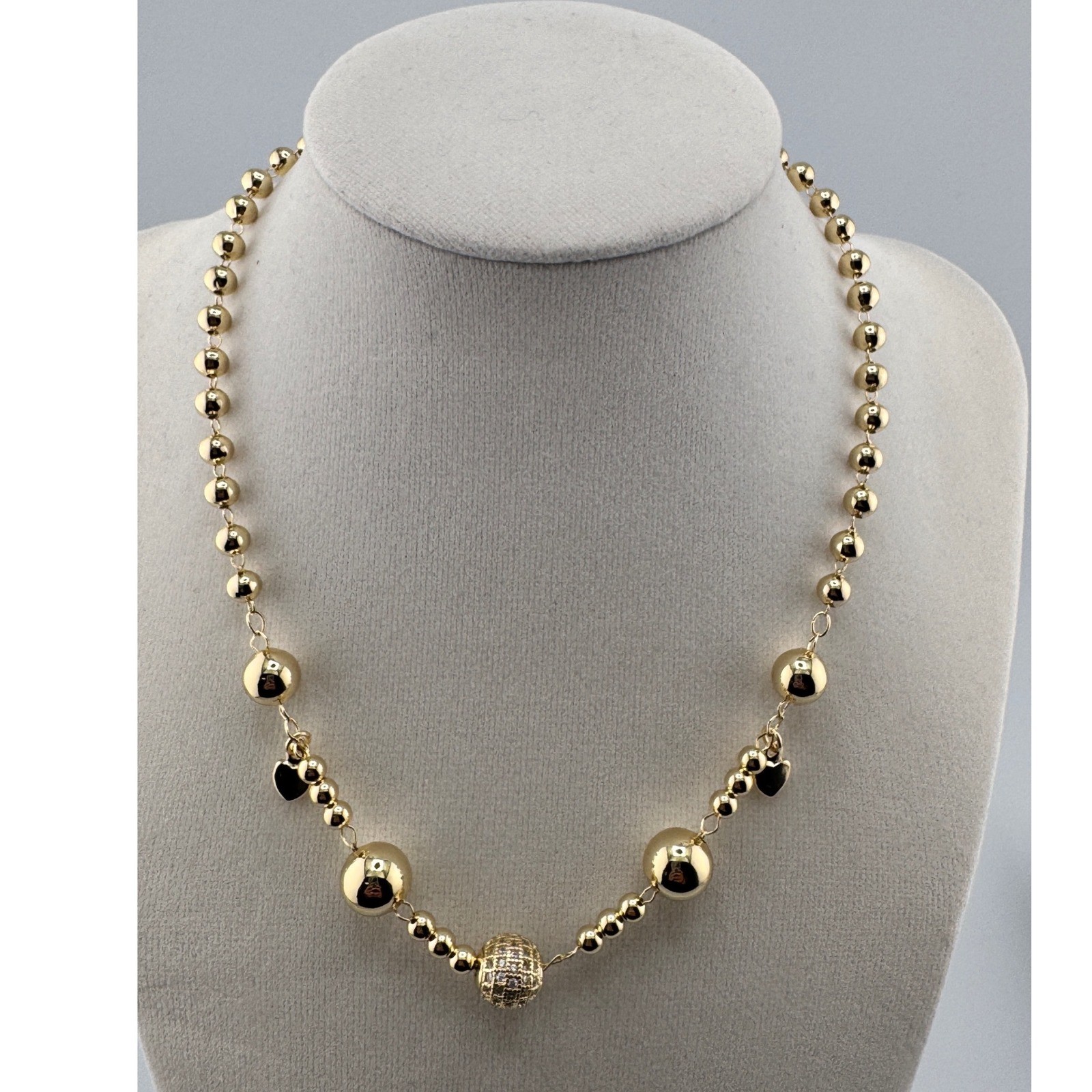 Gold Graduated Ball Bead Necklace Pave Crystal Disco Ball Heart Accents CM