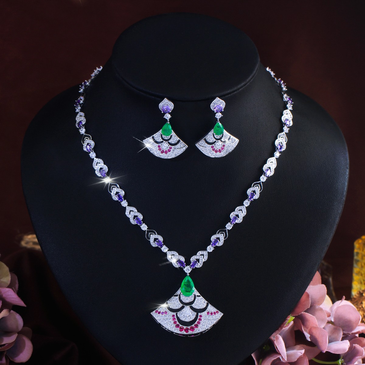 Fan Design Drop Earrings Necklace Silver Plated Women Zirconia Party Jewelry Set