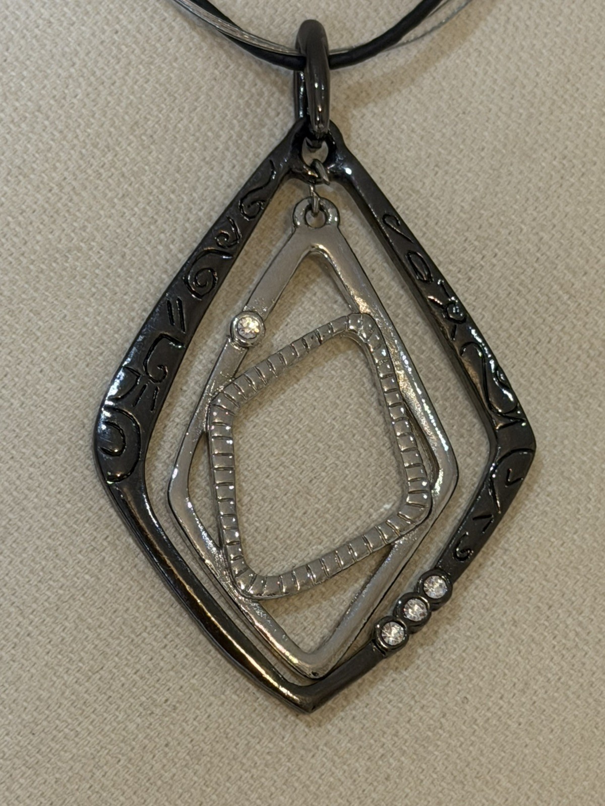 Chico’s Two-Tone Geometric Diamond Pendant Multi-Strand Cord Necklace Rhinestone
