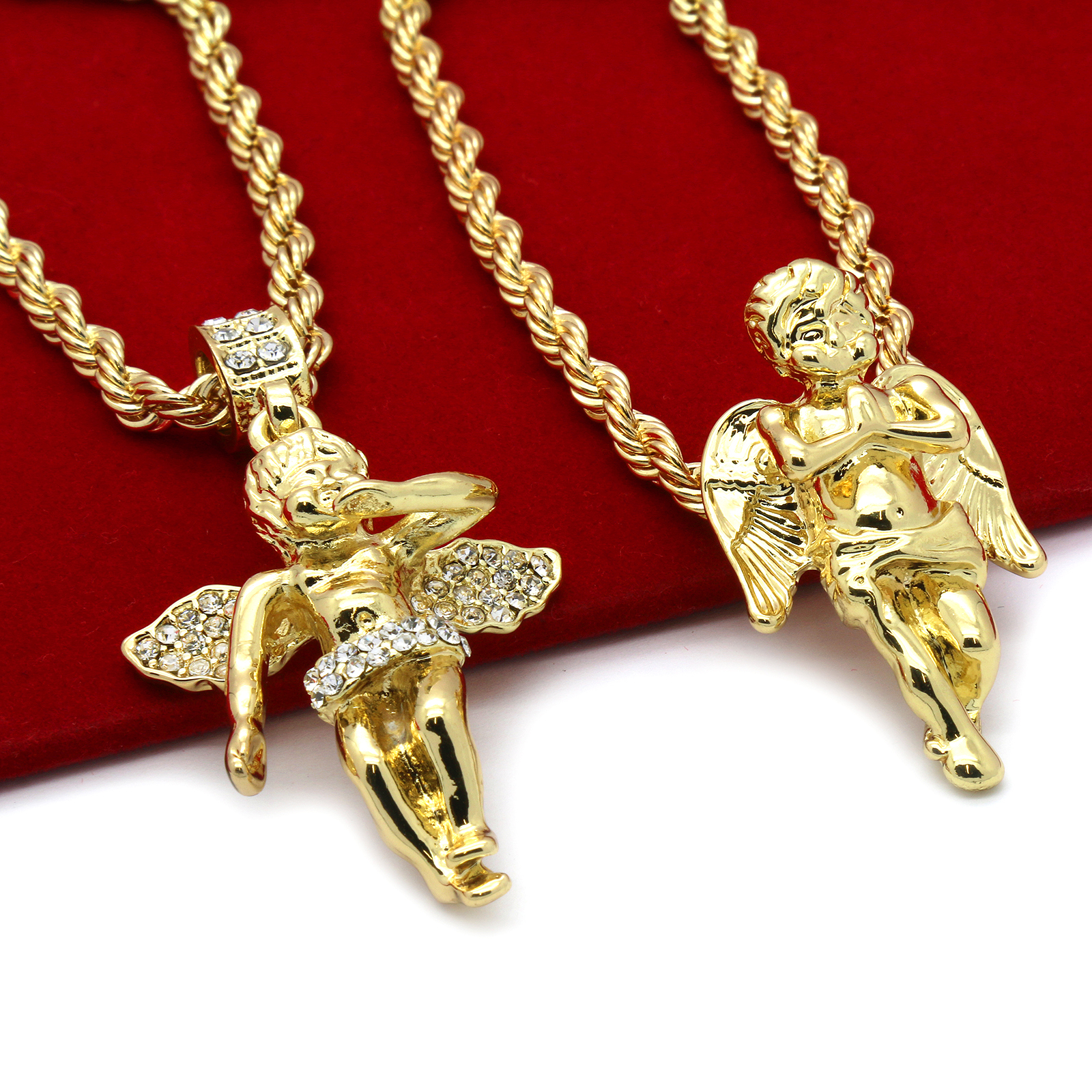 14k Gold Plated High Fashion 2 Angels Pendant Cubic Zirconia 30″/24″ Rope chain