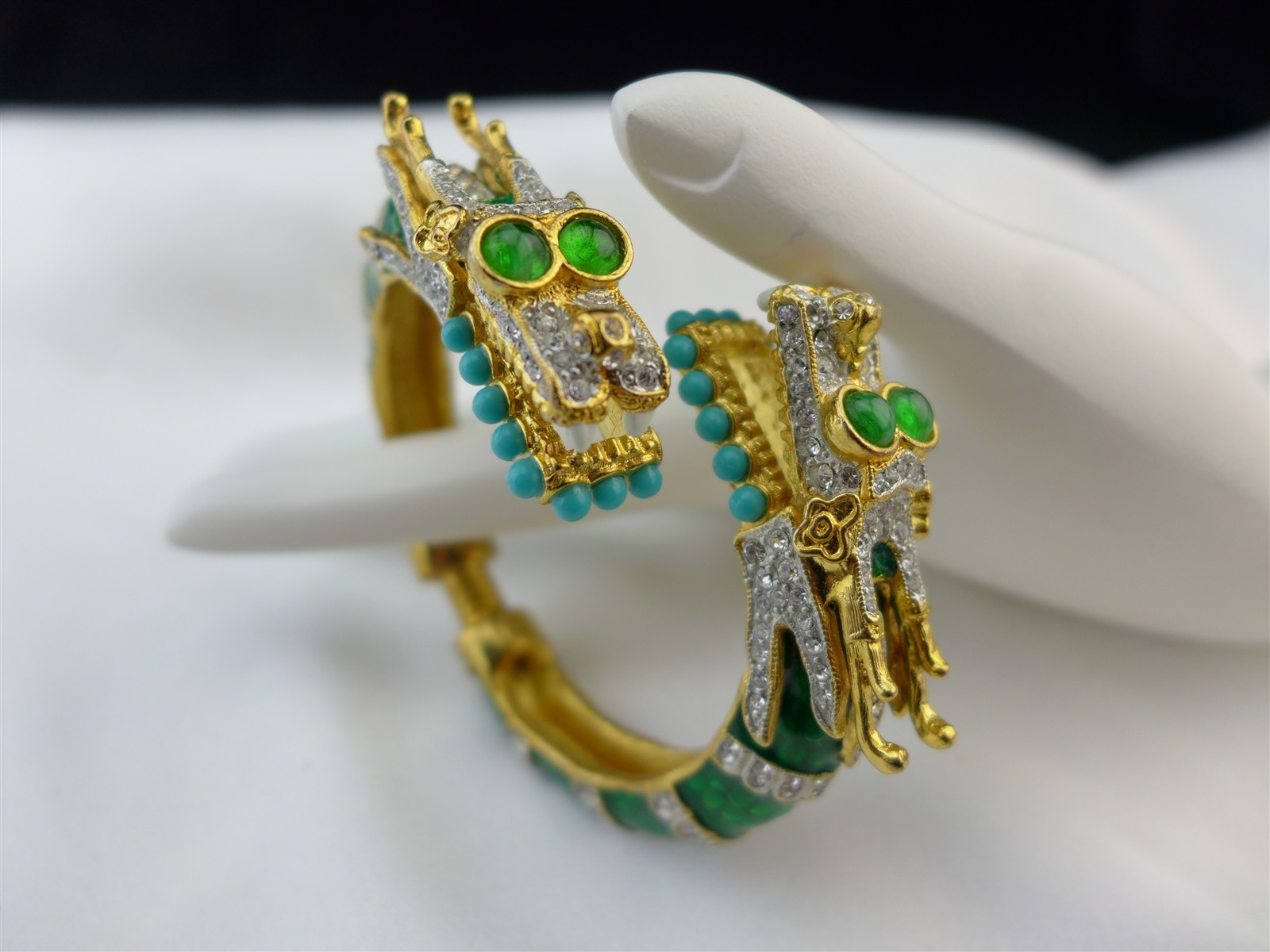 KJL Kenneth Jay Lane Jeweled Enameled Twin Headed Dragon Bangle Cuff Bracelet