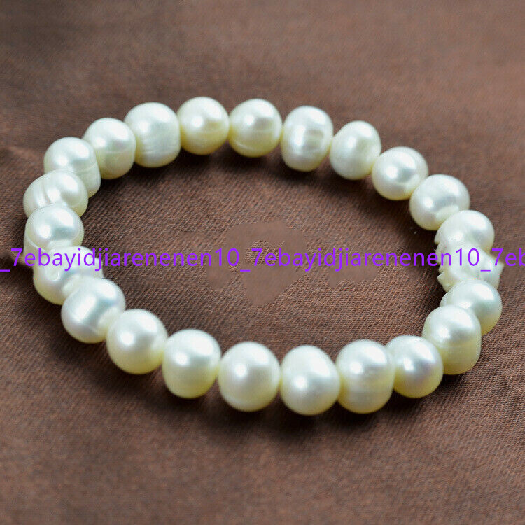 Natural 7-8/8-9/9-10mm White Frshwater Cultured Pearl Elastic Bracelet 7.5 in