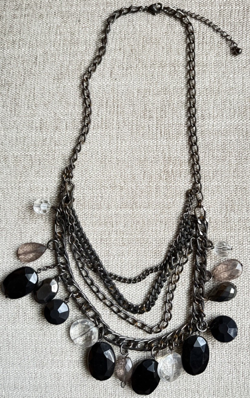Black Tone Layered Multi-Chain Statement Necklace, Black & Clear Charm Dangles