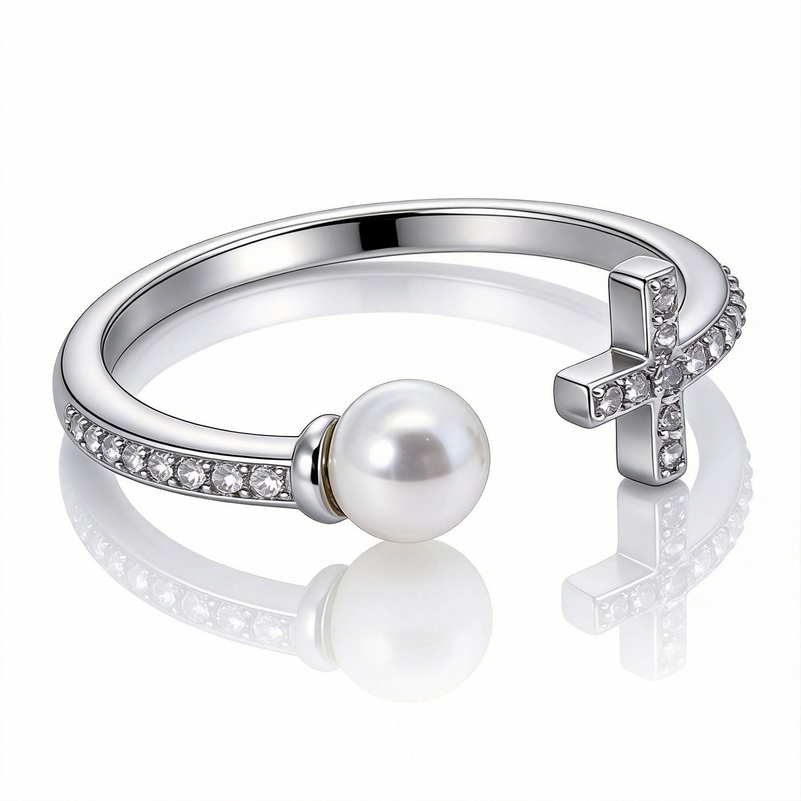 18K Gold Cross & Pearl Promise Ring – Adjustable, Stackable Gift for Her
