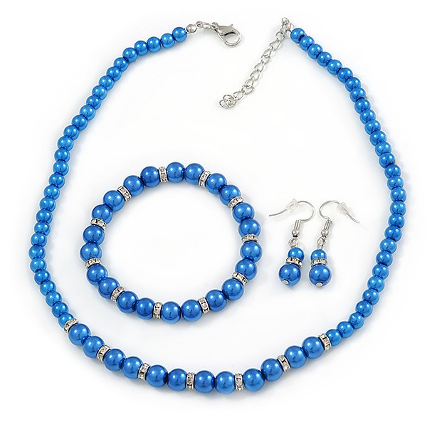 5mm, 7mm Electric Blue Glass/ Crystal Bead Set In Silver Plating/ 42cm L/5cm Ext