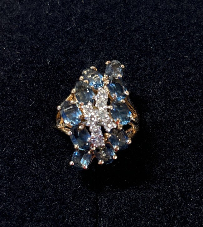 Vintage 18K HGE Gold Plated Blue Cocktail Ladies Statement Ring Size 7 NOS