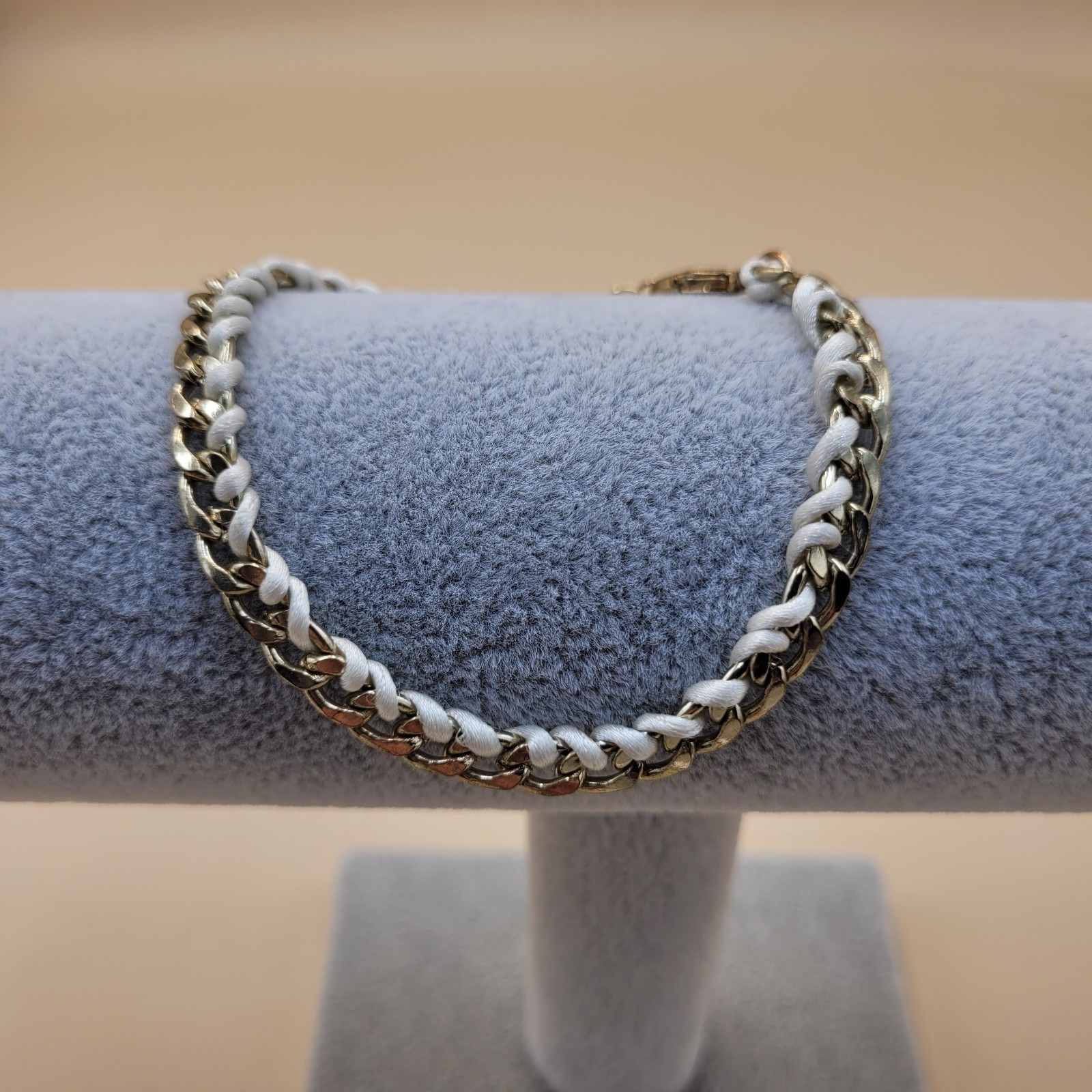 Zara Curb Chain Woven String Adjustable Bracelet Goldtone White 9 In Adjustable