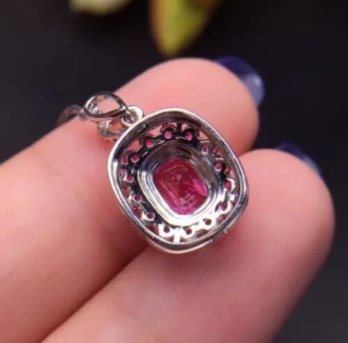 Cushion Cut Simulated Pink Ruby Women’s Pendant Chain In 14k White Gold Plated