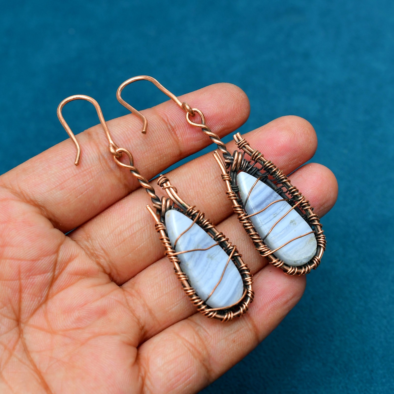 Blue Lace Agate Gemstone Handmade Copper Ethnic Jewelry Earrings 2.83″