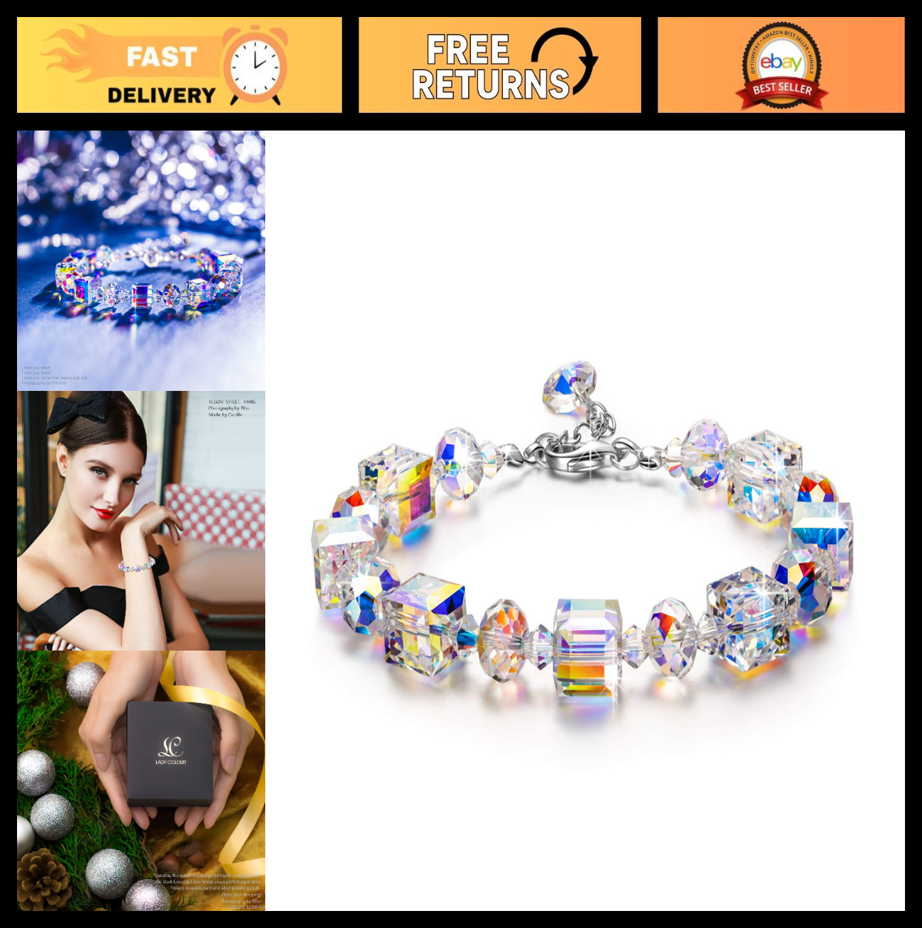 Sterling Silver Bracelet for Women with Northern Lights Crystals – 7″+2″ Ext, Gi