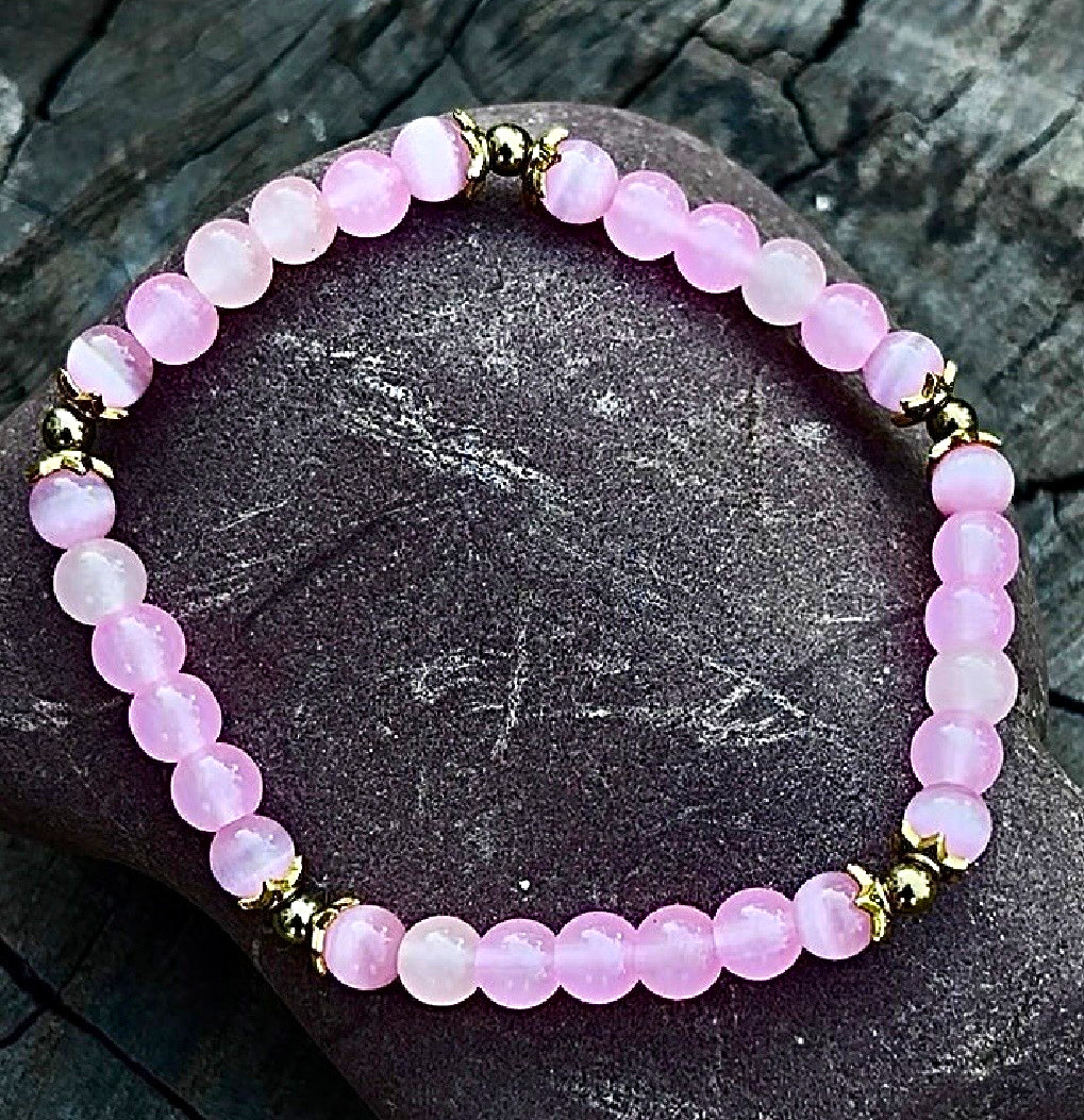 Pink Round Beaded Stretch Bracelet w/ Gold-Tone Spacer Beads, No Clasp