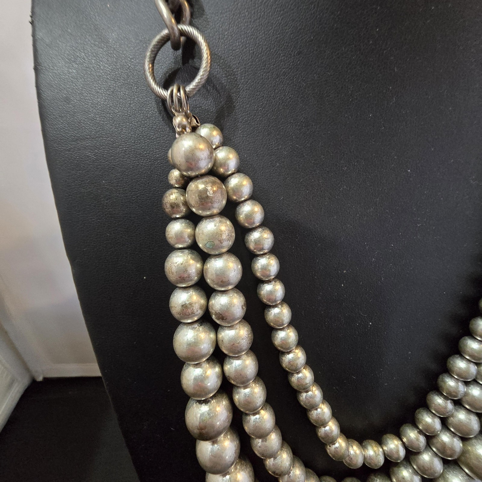 Necklace Silver Layered Beaded Statement Chain Toggle Closure Chunky Womens