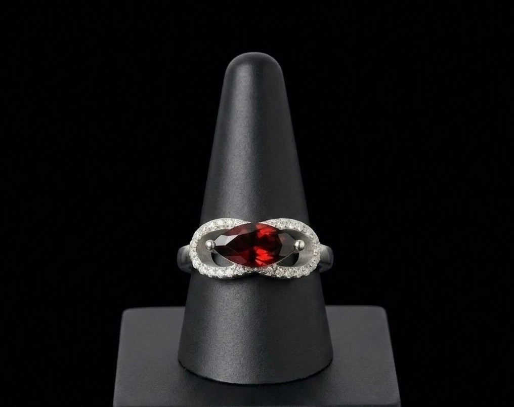 Marquise Red Garnet Infinity Ring, Sterling Silver, Vintage January Birthstone,