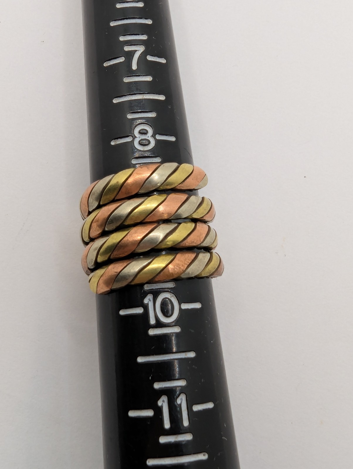 Tibetan Three Metal Coil Rings. Brass, Copper & Silver Tone Metals. Pair Of 2