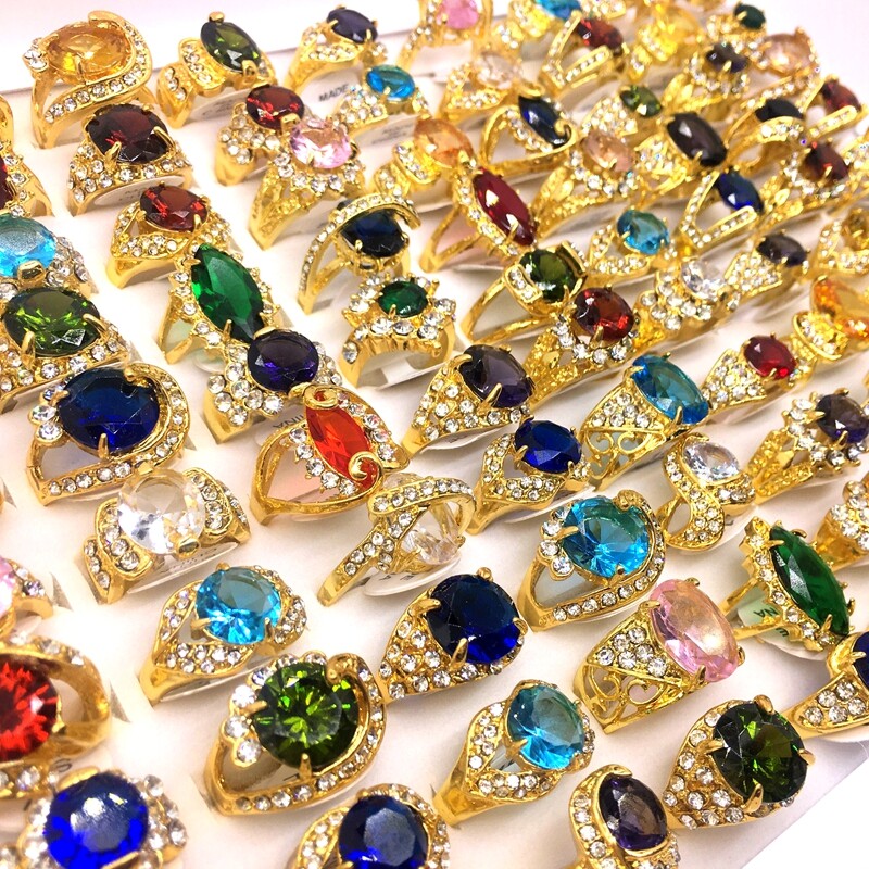 20pcs Women Rings Gold Plated Hand Inlay Rhinestone Zircon Jewelry Wholesale Lot