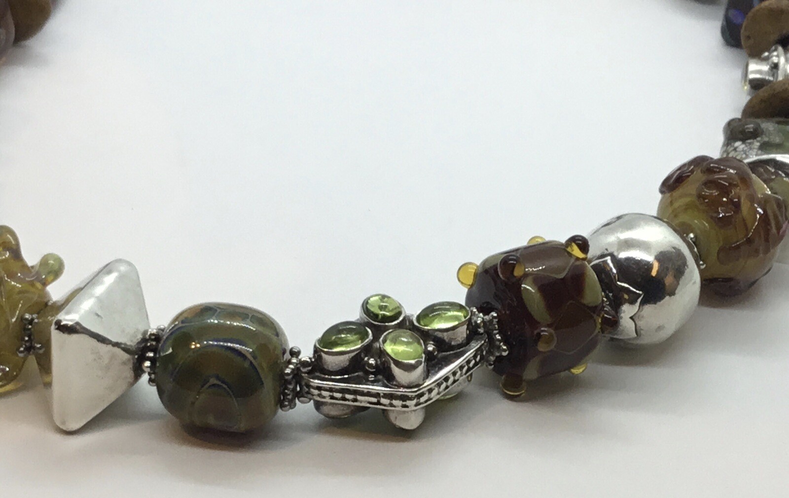 Artisan Necklace, Sterling Clasp, Different Sized Silver & Lampworked Beads, 18”