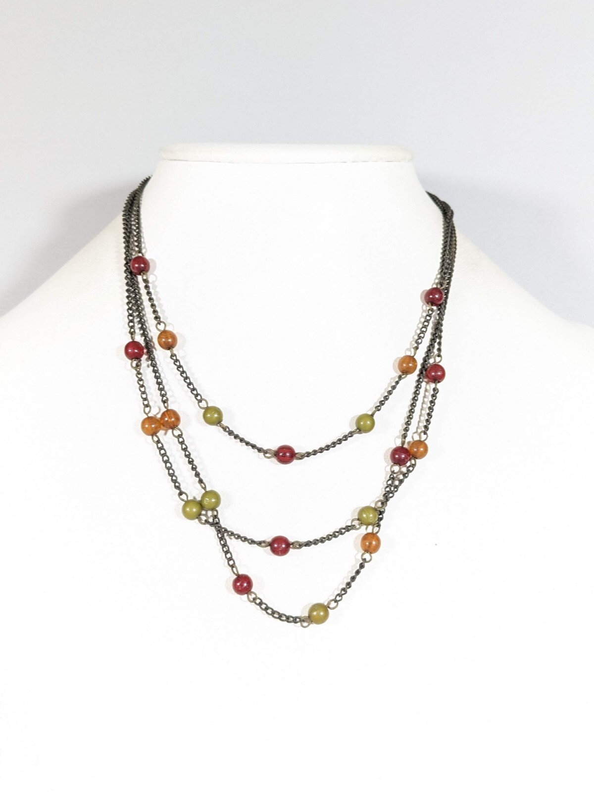 Bronze Tone Green Red Brown Station Bead Layered Necklace 17 inches