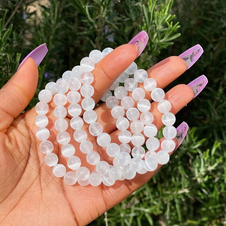 Handmade Natural Selenite Elastic Stretch Bracelet – 8mm Round Gemstone Bead