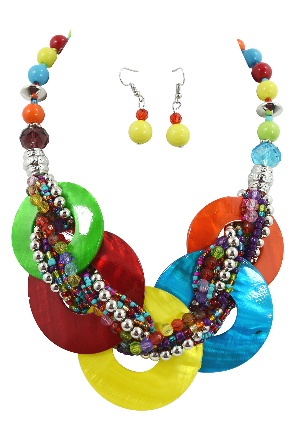 Chunky Layered Round Capiz Sea Shell with Braided Beads Statement Necklace