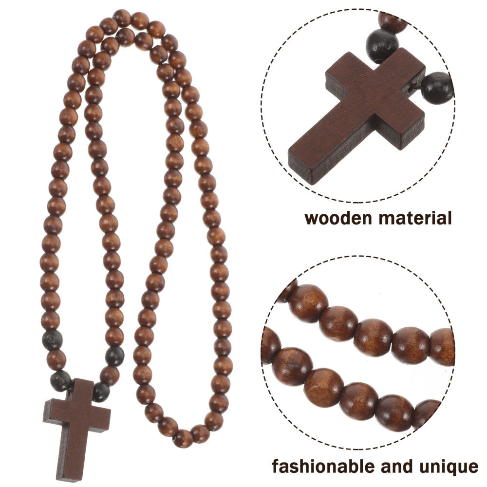 Wooden Cross Necklace For Men Beaded Chain Necklace Rosary Trendy Necklace