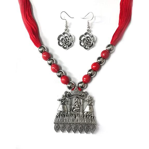 Alloy, Cotton Dori Jewel Set (Red, Silver)